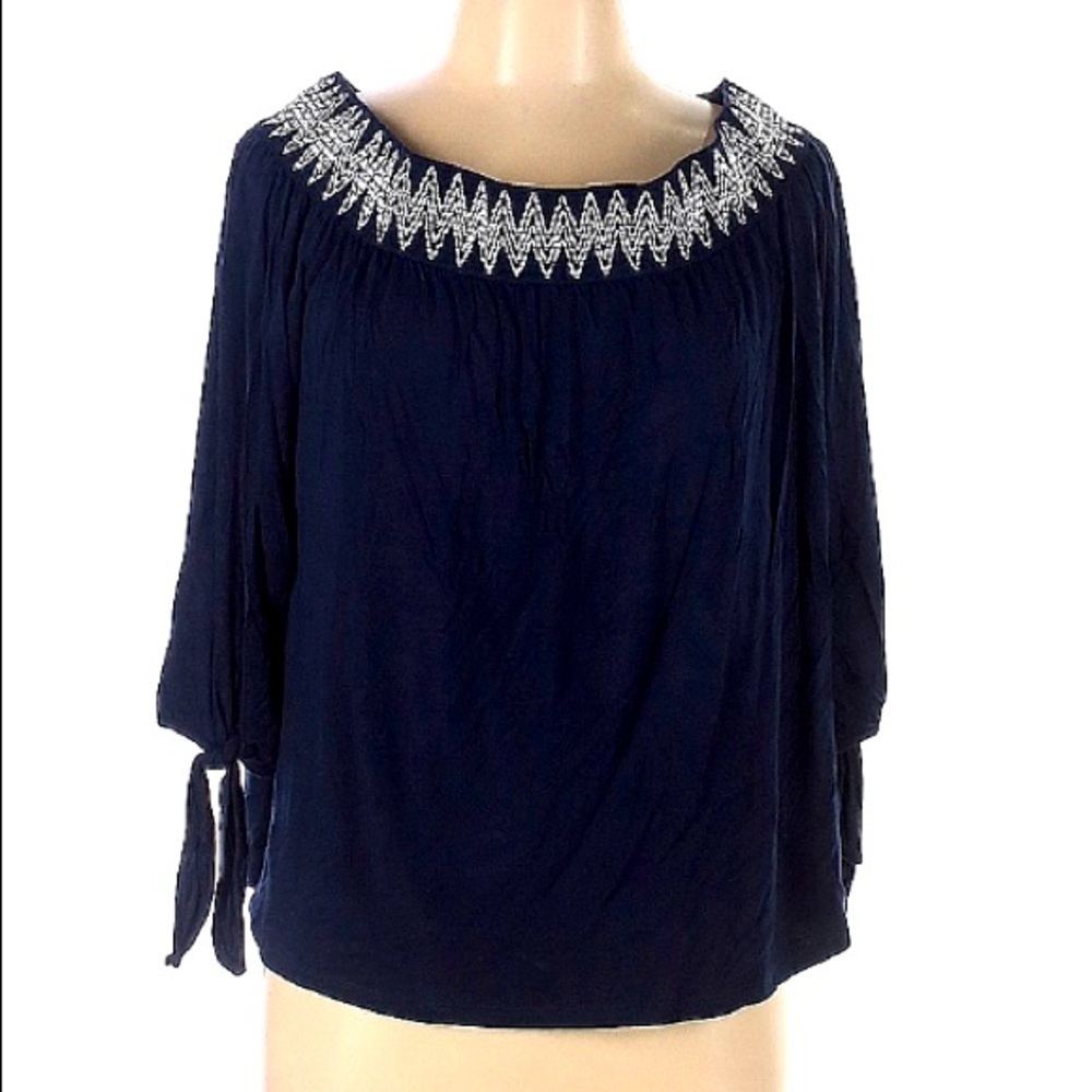Boho Pebble & stone off the shoulder embroidered navy white bohemian relaxed top
